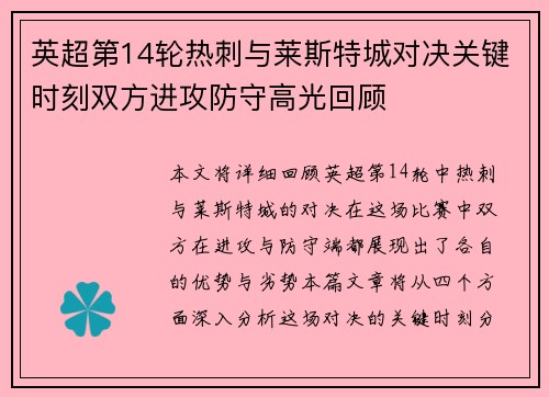 英超第14轮热刺与莱斯特城对决关键时刻双方进攻防守高光回顾